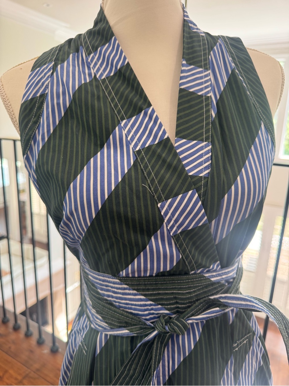 Tory Burch Striped Wrap Dress in Dark Green and Light Blue - Picture 2 of 7